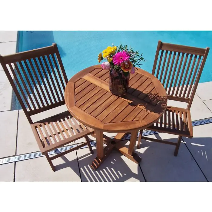 80cm Teak Circular Pedestal Table with 2 Kiffa Folding Chairs - 3