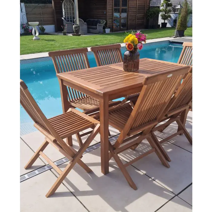 1.2m Teak Rectangular Fixed Table with 6 Classic Folding Chairs - 1