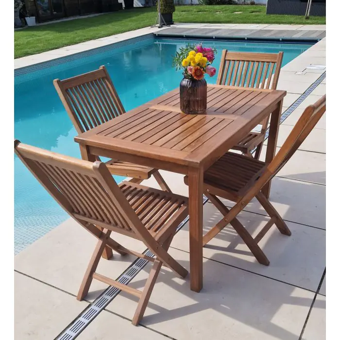 1.2m Teak Rectangular Fixed Table with 4 Kiffa Folding Chairs / Armchairs - 1