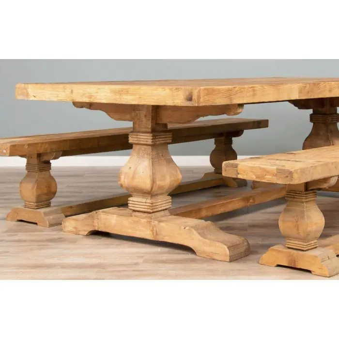 2.4m Reclaimed Elm Pedestal Dining Table with 2 Backless Benches - 14