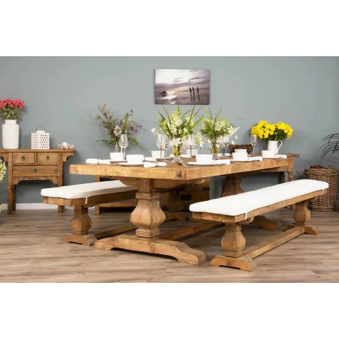 2.4m Reclaimed Elm Pedestal Dining Table with 2 Backless Benches - 11