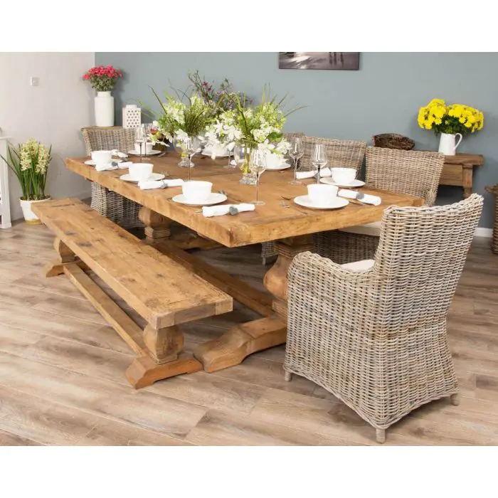 2.4m Reclaimed Elm Pedestal Dining Table with 5 Donna Armchairs and 1 Bench - 2