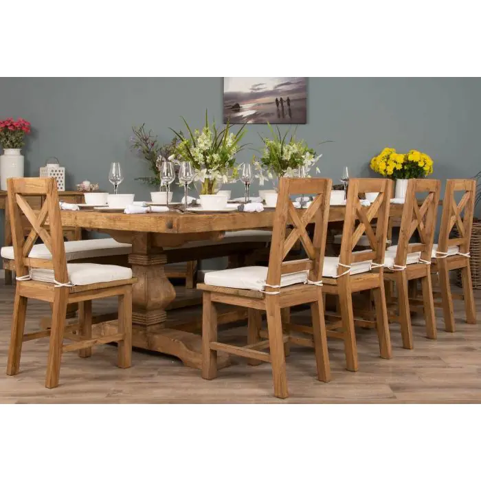 2.4m Reclaimed Elm Pedestal Dining Table with 5 Elm Cross Back Dining Chairs and 1 Bench - 2