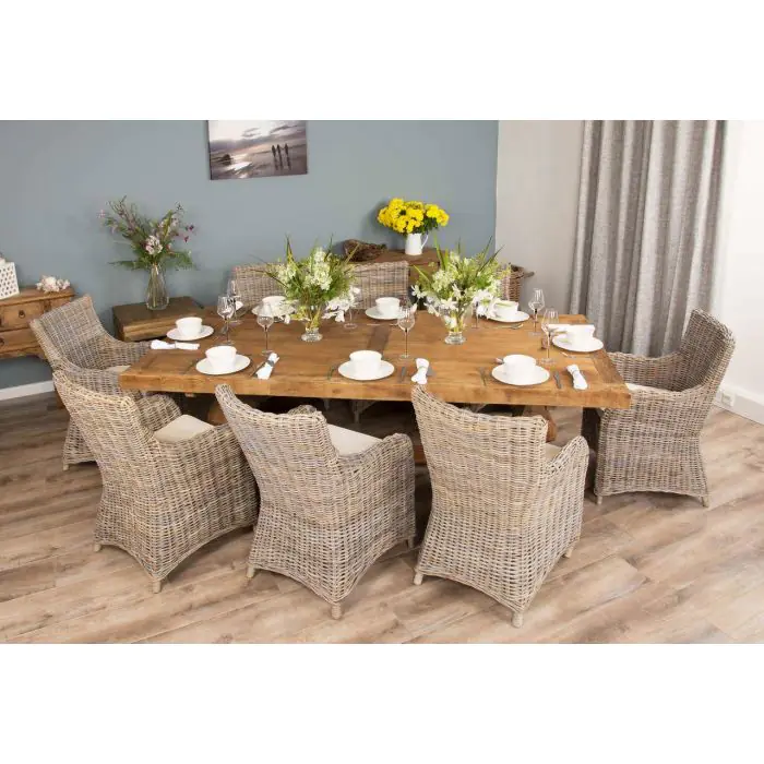 2.4m Reclaimed Elm Pedestal Dining Table with 8 Donna Armchairs - 2