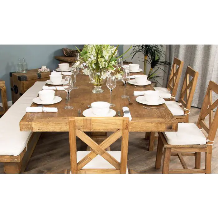 2.4m Reclaimed Elm Pedestal Dining Table with 5 Elm Cross Back Dining Chairs and 1 Bench - 4