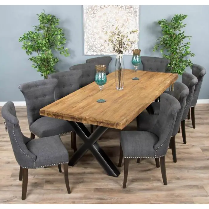 2.4m Reclaimed Teak Urban Fusion Cross Dining Table with 8 Dove Grey Windsor Ring Back Dining Chairs - 9