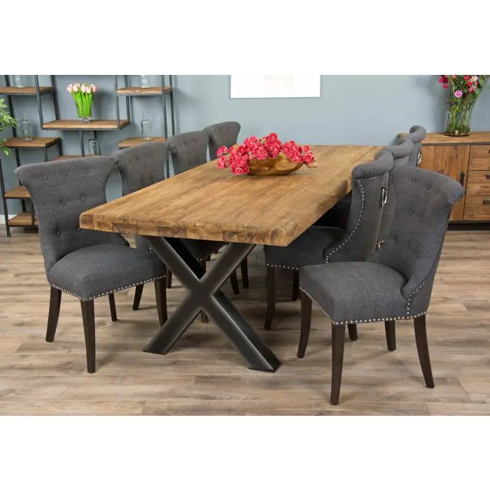 2.4m Reclaimed Teak Urban Fusion Cross Dining Table with 8 Dove Grey Windsor Ring Back Dining Chairs - 6