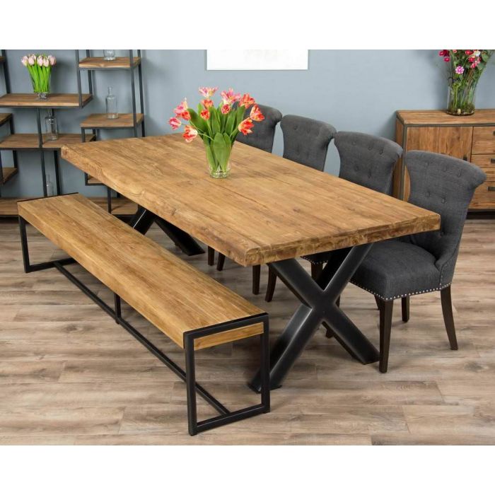2 4m Reclaimed Teak Urban Fusion Cross Dining Table With One Backless Bench And 4 Or 6 Dove Grey Windsor Ring Back Chairs Sustainable Furniture 2 4m Reclaimed Teak Urban Fusion Cross, Urban Dining Table And Bench Set