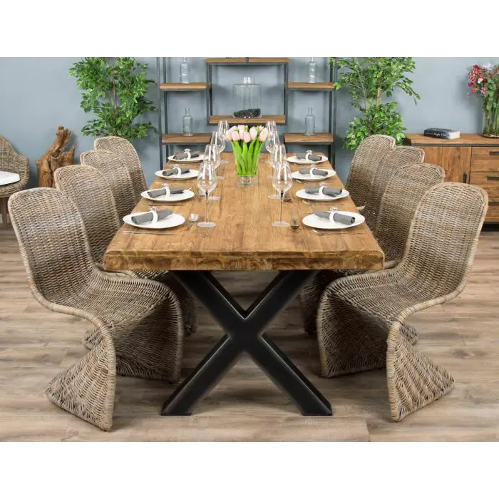 2.4m Reclaimed Teak Urban Fusion Cross Dining Table with 8 Stackable Zorro Chairs  - 3