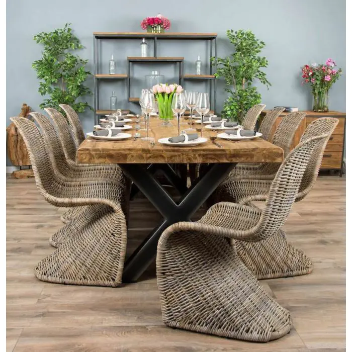 2.4m Reclaimed Teak Urban Fusion Cross Dining Table with 8 Stackable Zorro Chairs  - 10