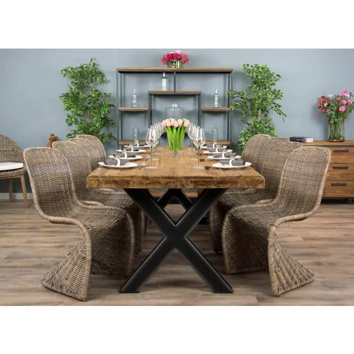 2.4m Reclaimed Teak Urban Fusion Cross Dining Table with 8 Stackable Zorro Chairs  - 4