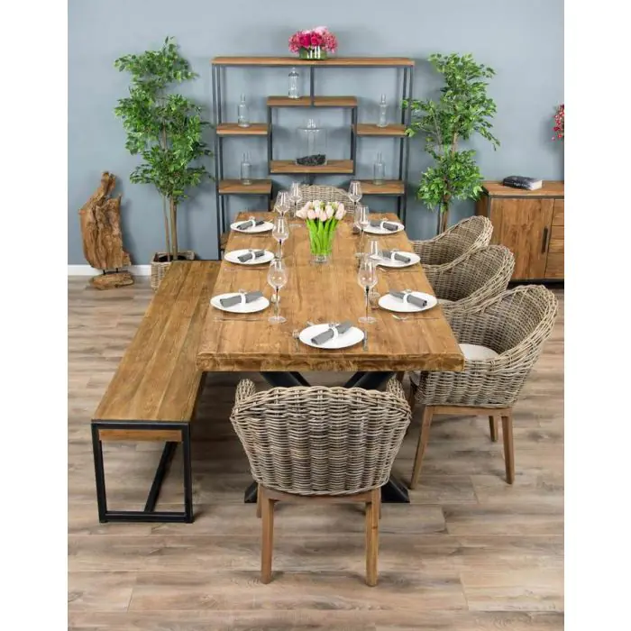 2.4m Reclaimed Teak Urban Fusion Cross Dining Table with One Backless Bench and 3 Scandi Armchairs - 10