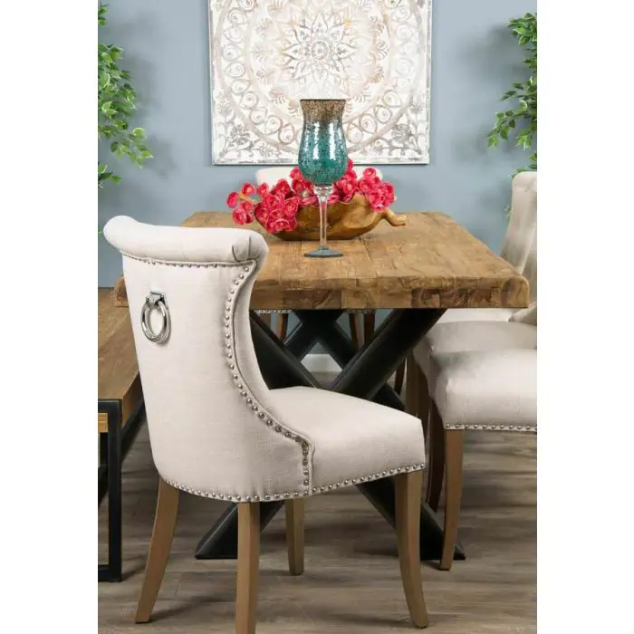 2.4m Reclaimed Teak Urban Fusion Cross Dining Table with One Backless Bench and 4 Natural Windsor Ring Back Dining Chairs - 5