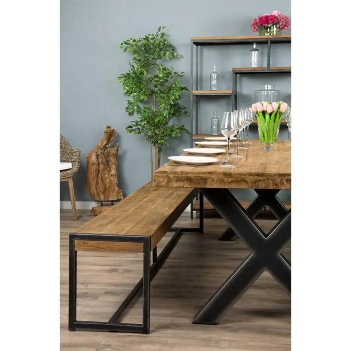 2.4m Reclaimed Teak Urban Fusion Cross Dining Table with One Backless Bench and 4 Stackable Zorro Chairs - 3