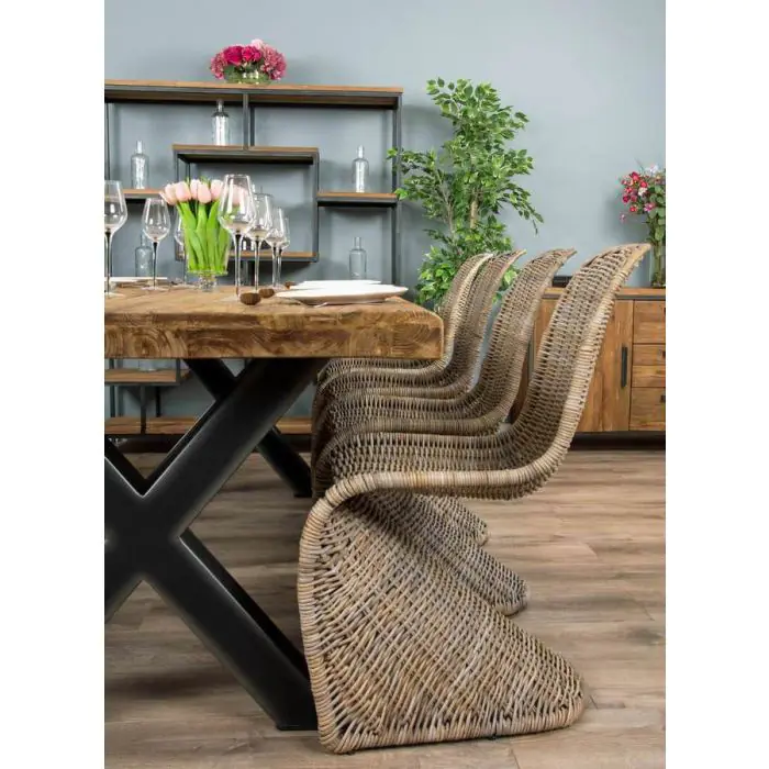 2.4m Reclaimed Teak Urban Fusion Cross Dining Table with One Backless Bench and 4 Stackable Zorro Chairs - 1
