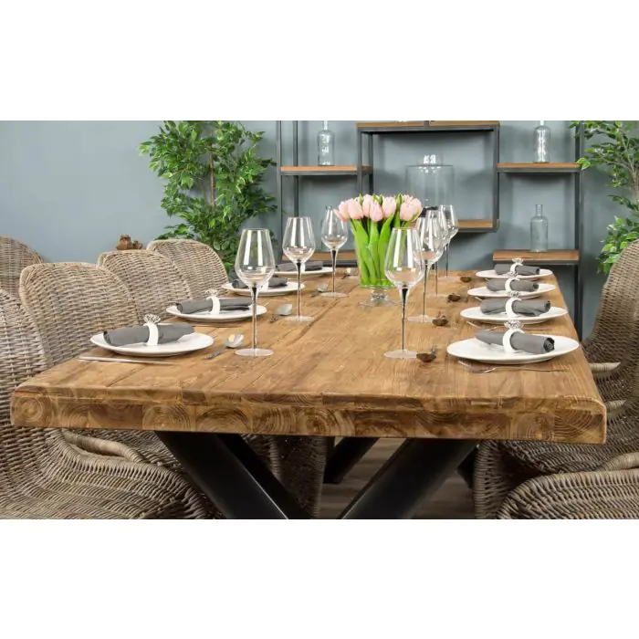 2.4m Reclaimed Teak Urban Fusion Cross Dining Table with 8 Stackable Zorro Chairs  - 2