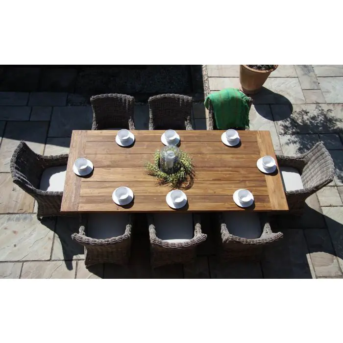 2.4m Reclaimed Teak Outdoor Open Slatted Cross Leg Table with 8 Donna Armchairs - 5