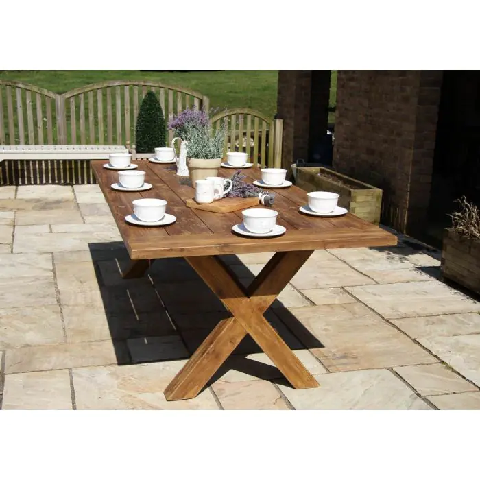 2.4m Reclaimed Teak Outdoor Open Slatted Cross Leg Table with 8 Donna Armchairs - 14