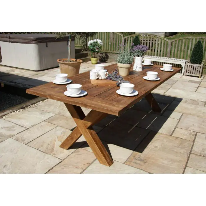 2.4m Reclaimed Teak Outdoor Open Slatted Cross Leg Table with 8 Donna Armchairs - 13