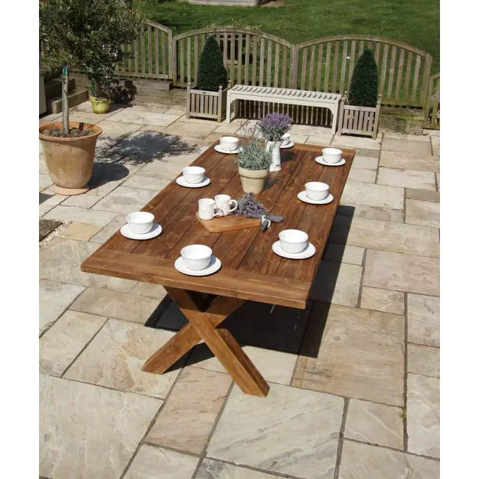 2.4m Reclaimed Teak Outdoor Open Slatted Cross Leg Table with 8 Scandi Armchairs - 12