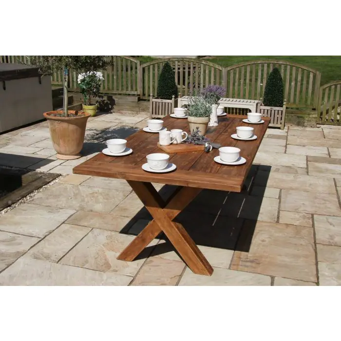 2.4m Reclaimed Teak Outdoor Open Slatted Cross Leg Table with 8 Scandi Armchairs - 11