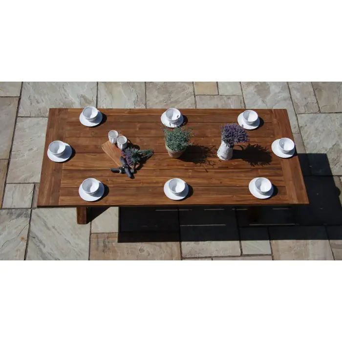 2.4m Reclaimed Teak Outdoor Open Slatted Cross Leg Table with 8 Scandi Armchairs - 15