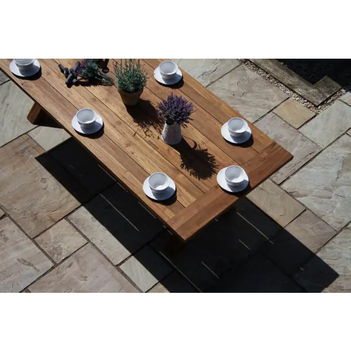 2.4m Reclaimed Teak Outdoor Open Slatted Cross Leg Table with 8 Scandi Armchairs - 16
