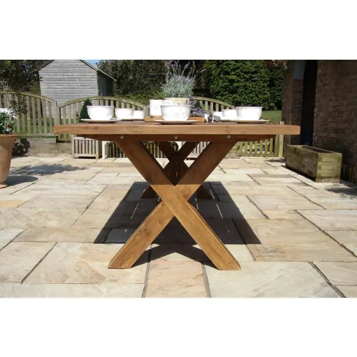 2.4m Reclaimed Teak Outdoor Open Slatted Cross Leg Table with 8 Scandi Armchairs - 14
