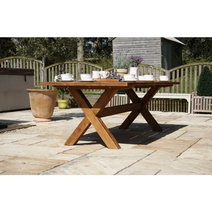 2.4m Reclaimed Teak Outdoor Open Slatted Cross Leg Table with 8 Scandi Armchairs - 13