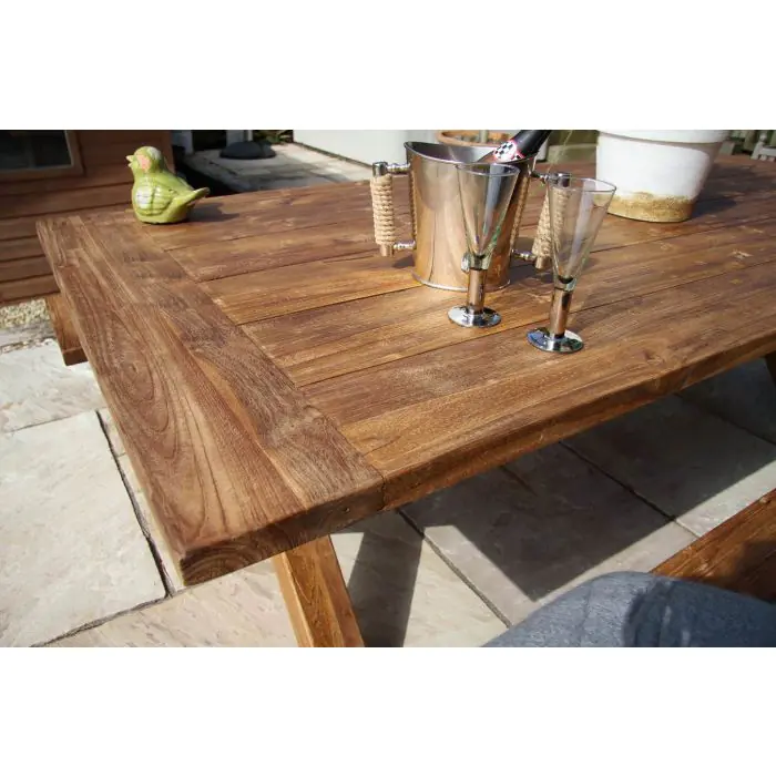 2.4m Reclaimed Teak Outdoor Open Slatted Cross Leg Table with 2 Backless Benches - 12