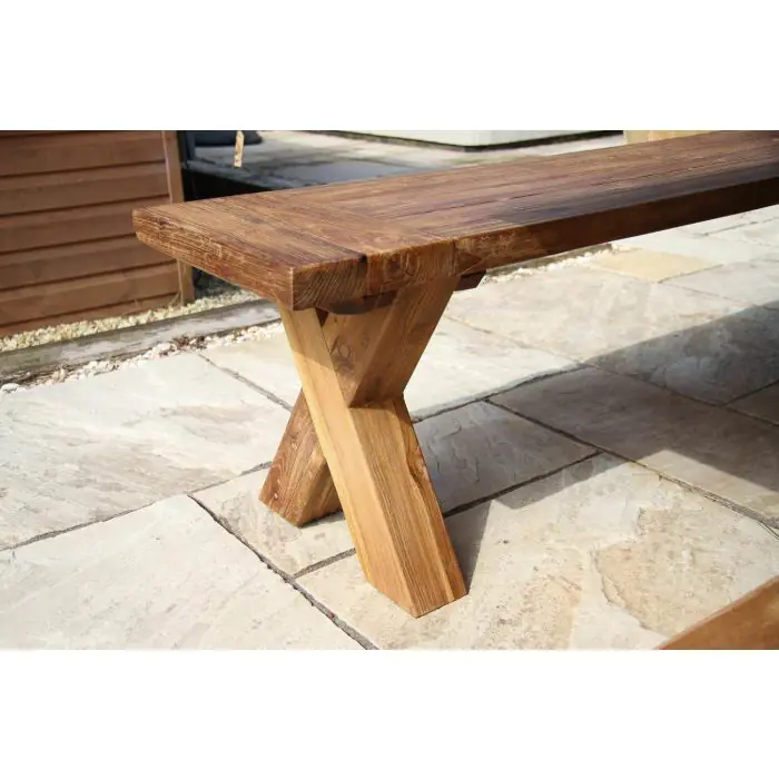 2.4m Reclaimed Teak Outdoor Open Slatted Cross Leg Table with 2 Backless Benches - 17