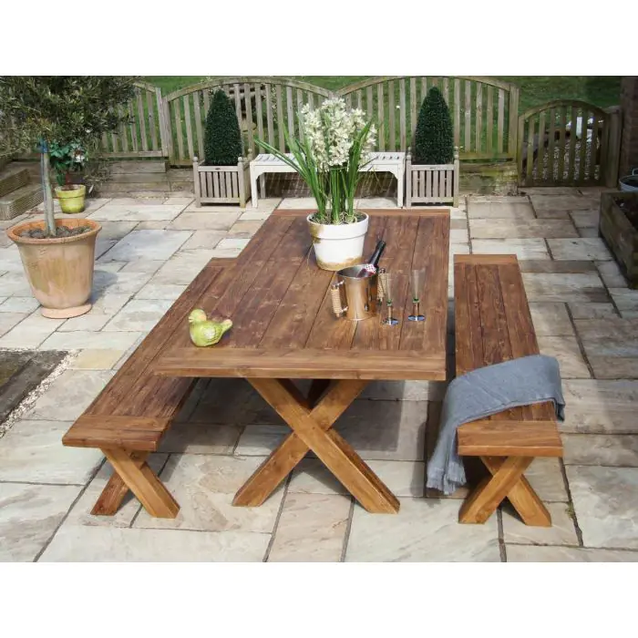 2.4m Reclaimed Teak Outdoor Open Slatted Cross Leg Table with 2 Backless Benches - 5