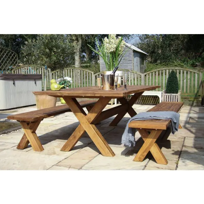 2.4m Reclaimed Teak Outdoor Open Slatted Cross Leg Table with 2 Backless Benches - 1
