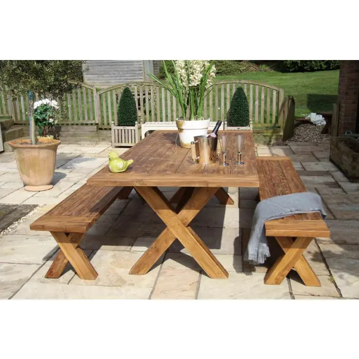 2.4m Reclaimed Teak Outdoor Open Slatted Cross Leg Table with 2 Backless Benches - 3