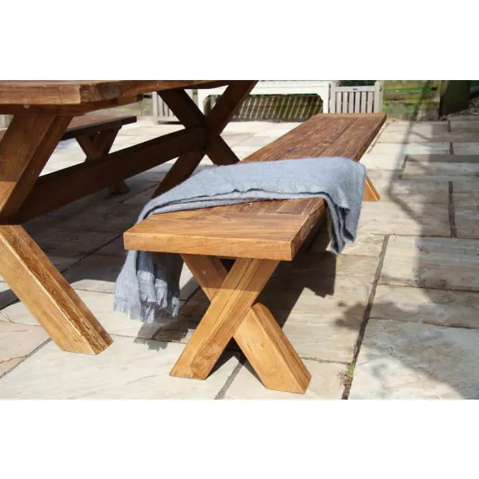2.4m Reclaimed Teak Outdoor Open Slatted Cross Leg Table with 2 Backless Benches - 15
