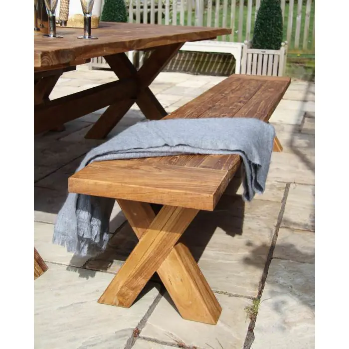 2.4m Reclaimed Teak Outdoor Open Slatted Cross Leg Table with 2 Backless Benches - 7