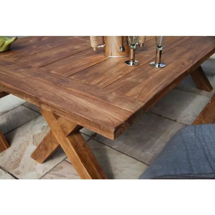 2.4m Reclaimed Teak Outdoor Open Slatted Cross Leg Table with 2 Backless Benches - 11