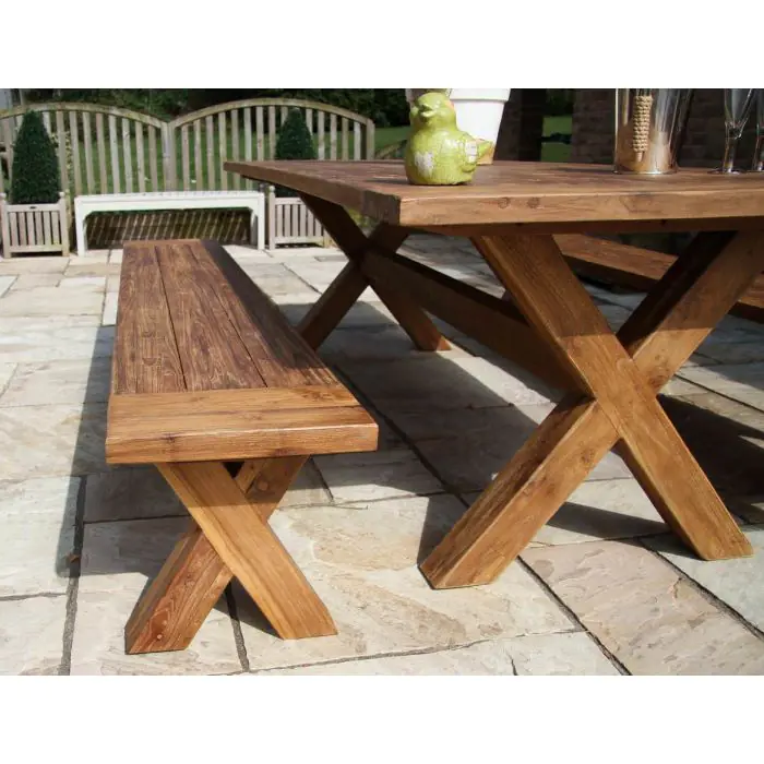 2.4m Reclaimed Teak Outdoor Open Slatted Cross Leg Table with 2 Backless Benches - 16