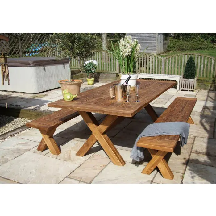2.4m Reclaimed Teak Outdoor Open Slatted Cross Leg Table with 2 Backless Benches - 2