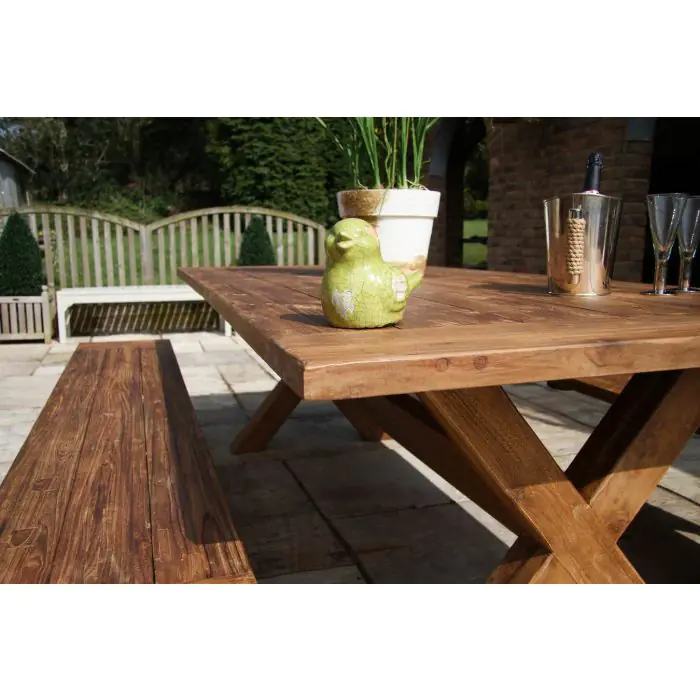 2.4m Reclaimed Teak Outdoor Open Slatted Cross Leg Table with 2 Backless Benches - 13