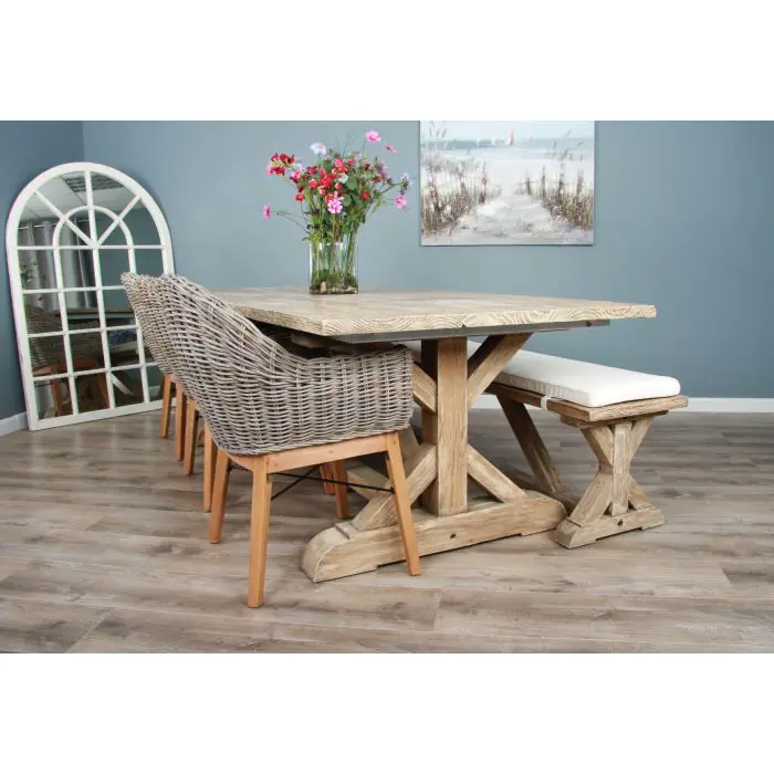 2.4m Farmhouse Cross Dining Table with 3 Scandi Armchairs & 1 Backless Bench - 5