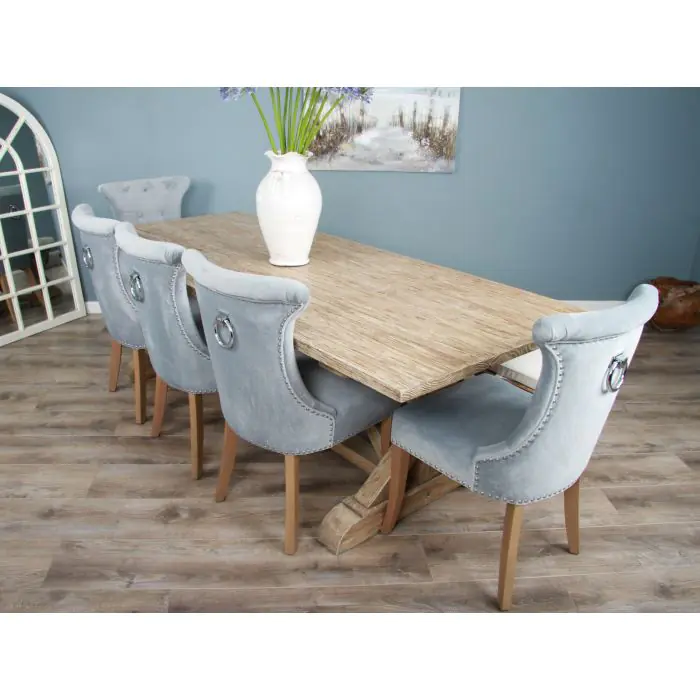 2.4m Farmhouse Cross Dining Table with 5 Windsor Ring Back Chairs & 1 Backless Bench - 4