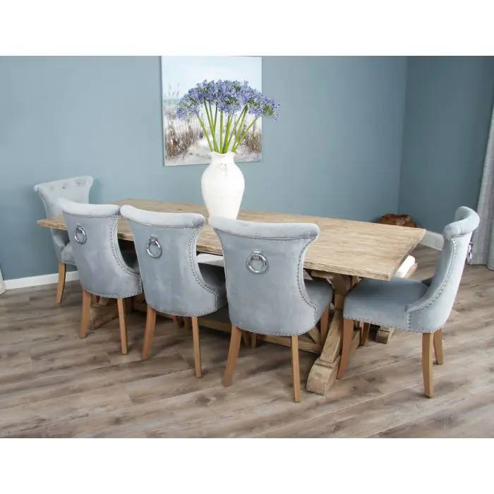 2.4m Farmhouse Cross Dining Table with 5 Windsor Ring Back Chairs & 1 Backless Bench - 5