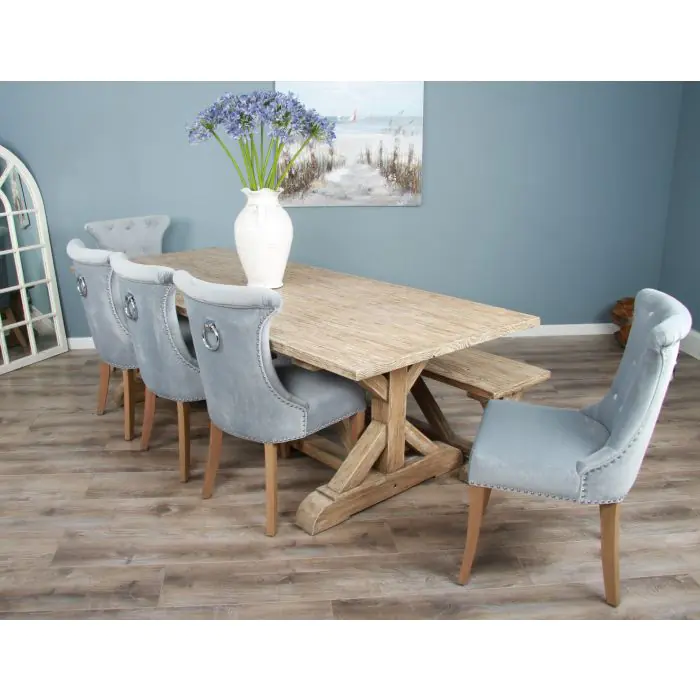 2.4m Farmhouse Cross Dining Table with 5 Windsor Ring Back Chairs & 1 Backless Bench - 8