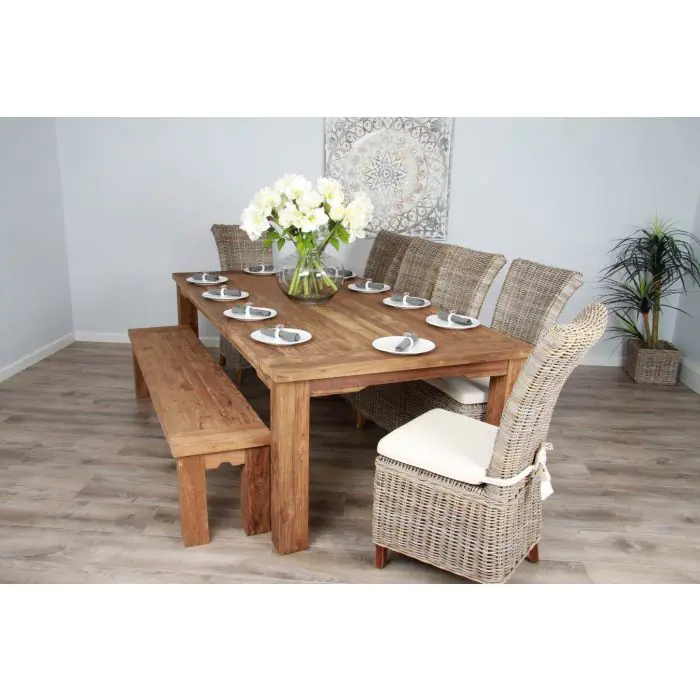 2.4m Reclaimed Teak Taplock Dining Table with 6 Latifa Chairs & 1 Backless Bench - 1