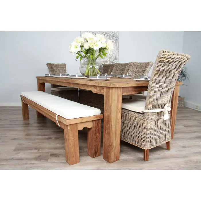 2.4m Reclaimed Teak Taplock Dining Table with 6 Latifa Chairs & 1 Backless Bench - 6