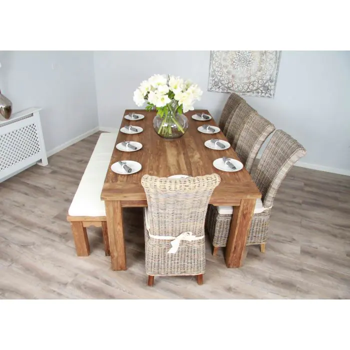 2.4m Reclaimed Teak Taplock Dining Table with 6 Latifa Chairs & 1 Backless Bench - 3