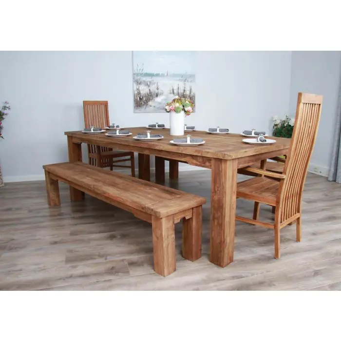 2.4m Reclaimed Teak Taplock Dining Table with 2 Backless Benches & 2 Vikka Armchairs - 6