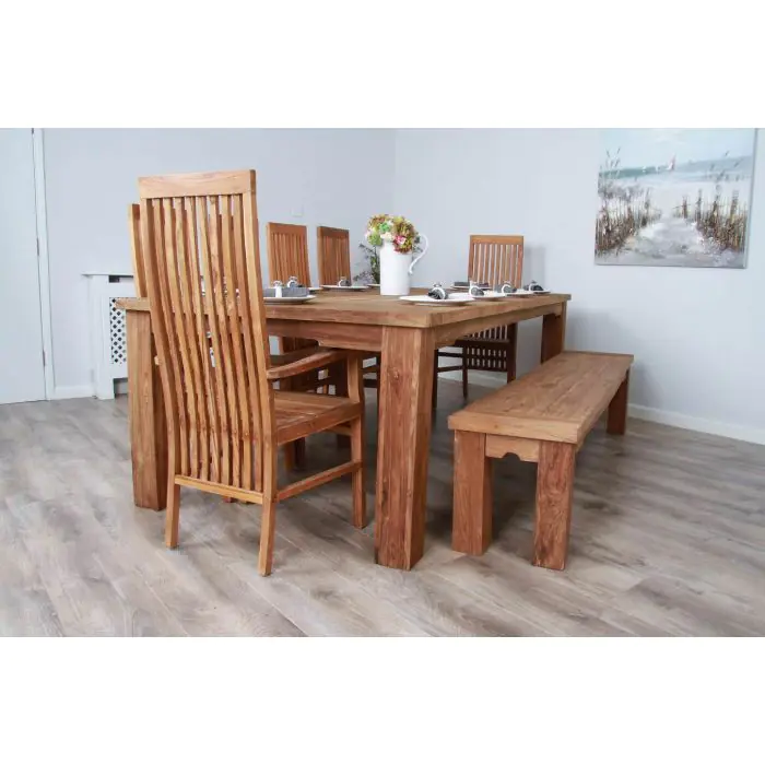 2.4m Reclaimed Teak Taplock Dining Table with 4 Vikka Chairs, 2 Vikka Armchairs & 1 Backless Bench - 2