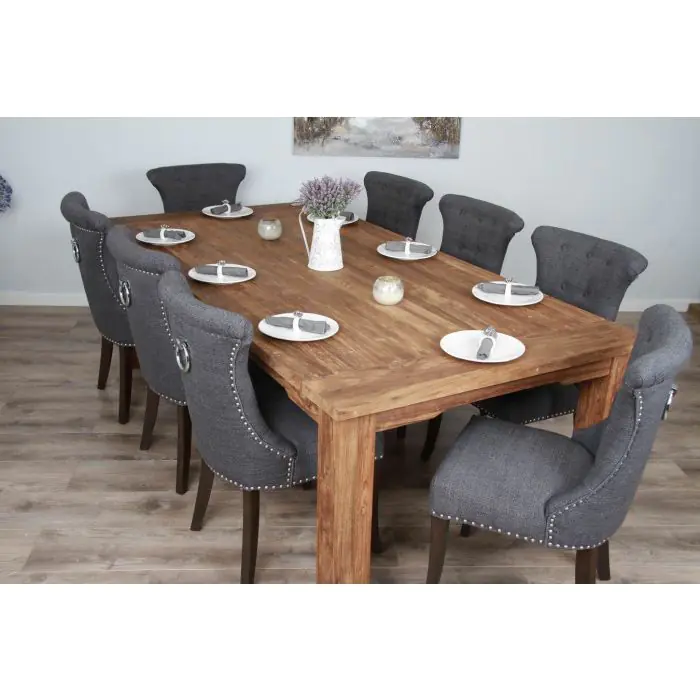 2.4m Reclaimed Teak Taplock Dining Table with 8 Grey Windsor Dining Chairs - 1